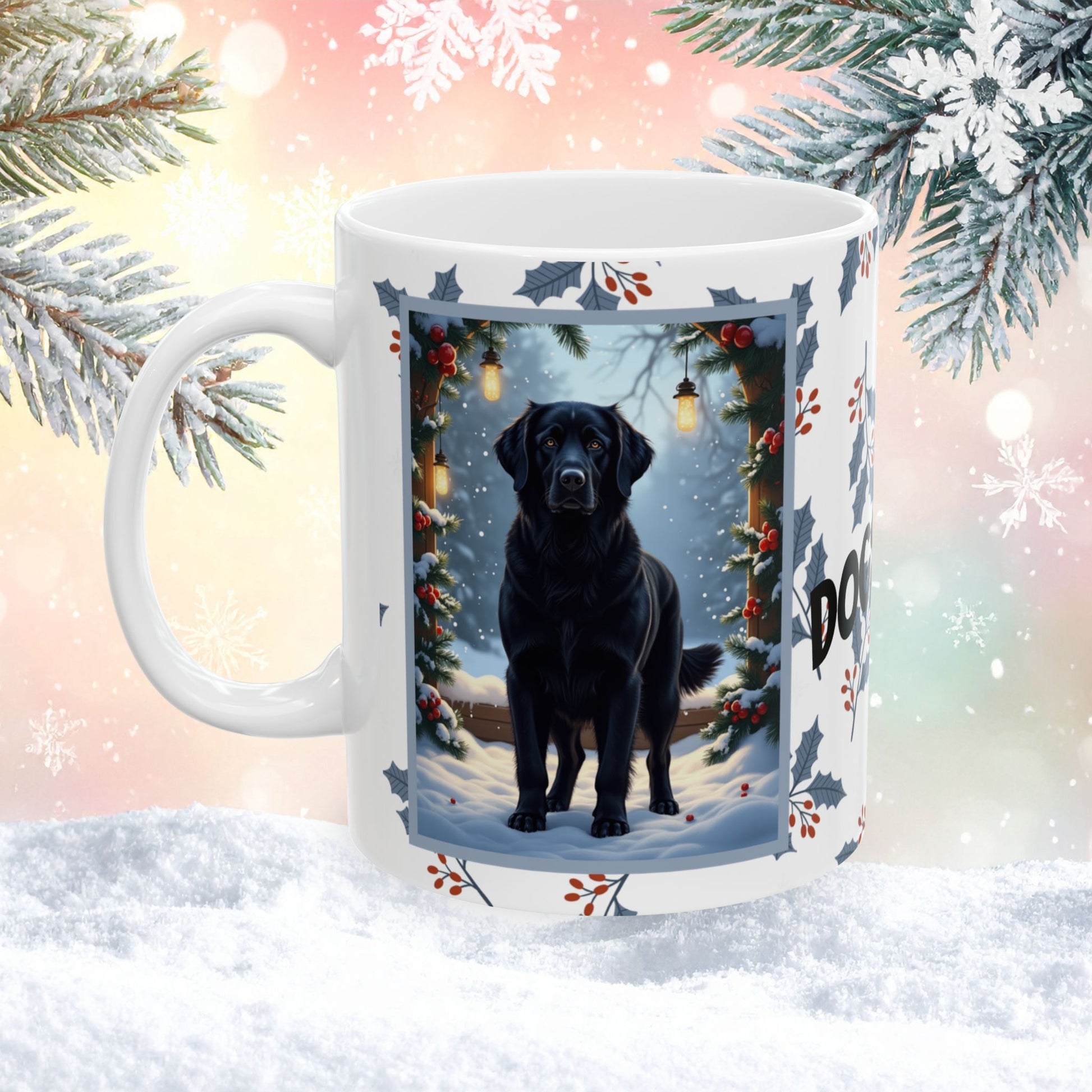 Golden Retriever (Black) Winter Mug - black Golden Retriever illustrated standing in a winter setting with snowy pine branches