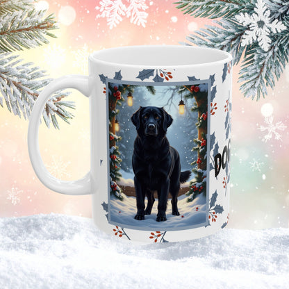 Golden Retriever (Black) Winter Mug - black Golden Retriever illustrated standing in a winter setting with snowy pine branches