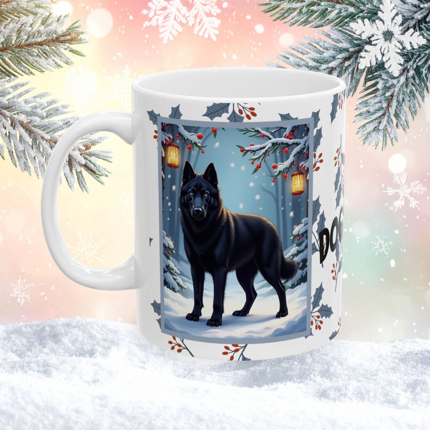 Husky (Black) Winter Mug - black husky illustrated standing calmly in a snowy winter scene with seasonal background