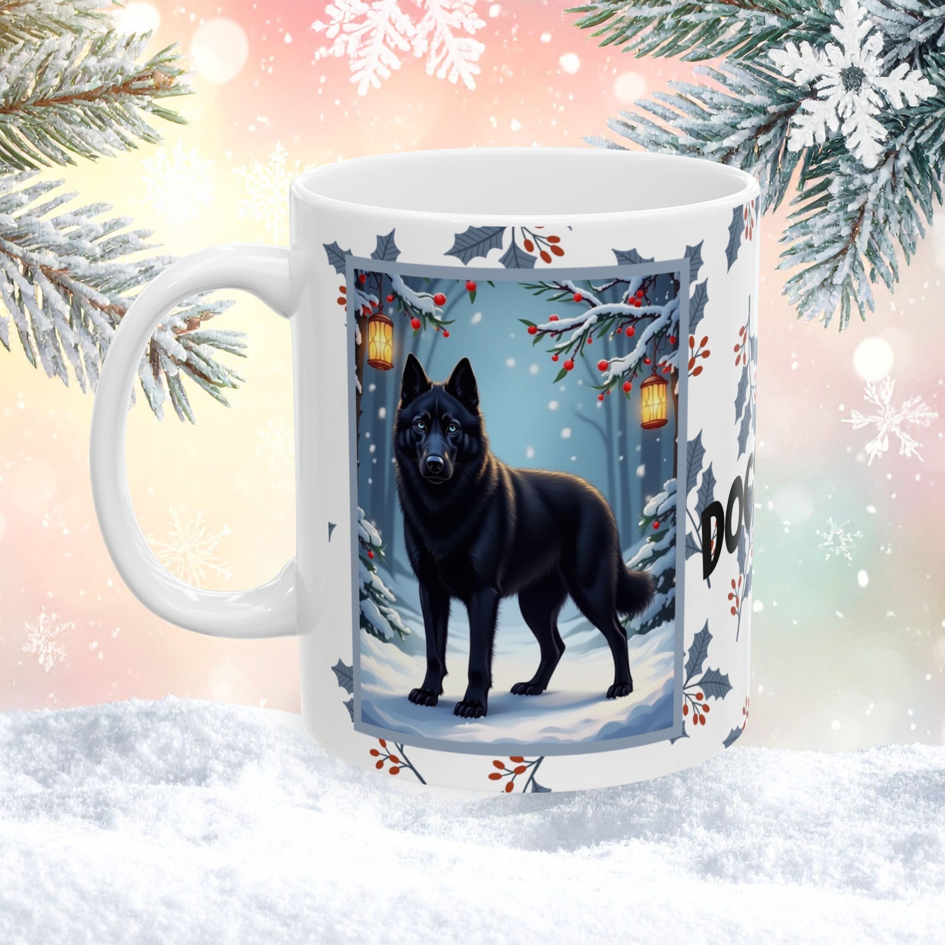 Husky (Black) Winter Mug - black husky illustrated standing calmly in a snowy winter scene with seasonal background