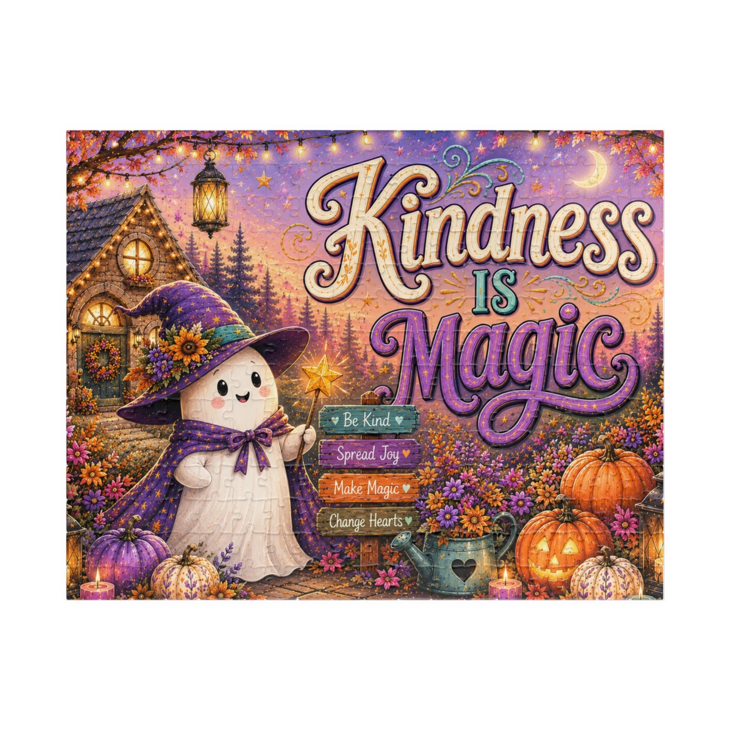 Kindness Is Magic Halloween Puzzle - Witch Ghost with Magic Wand, Purple Pumpkins, and Wildflowers