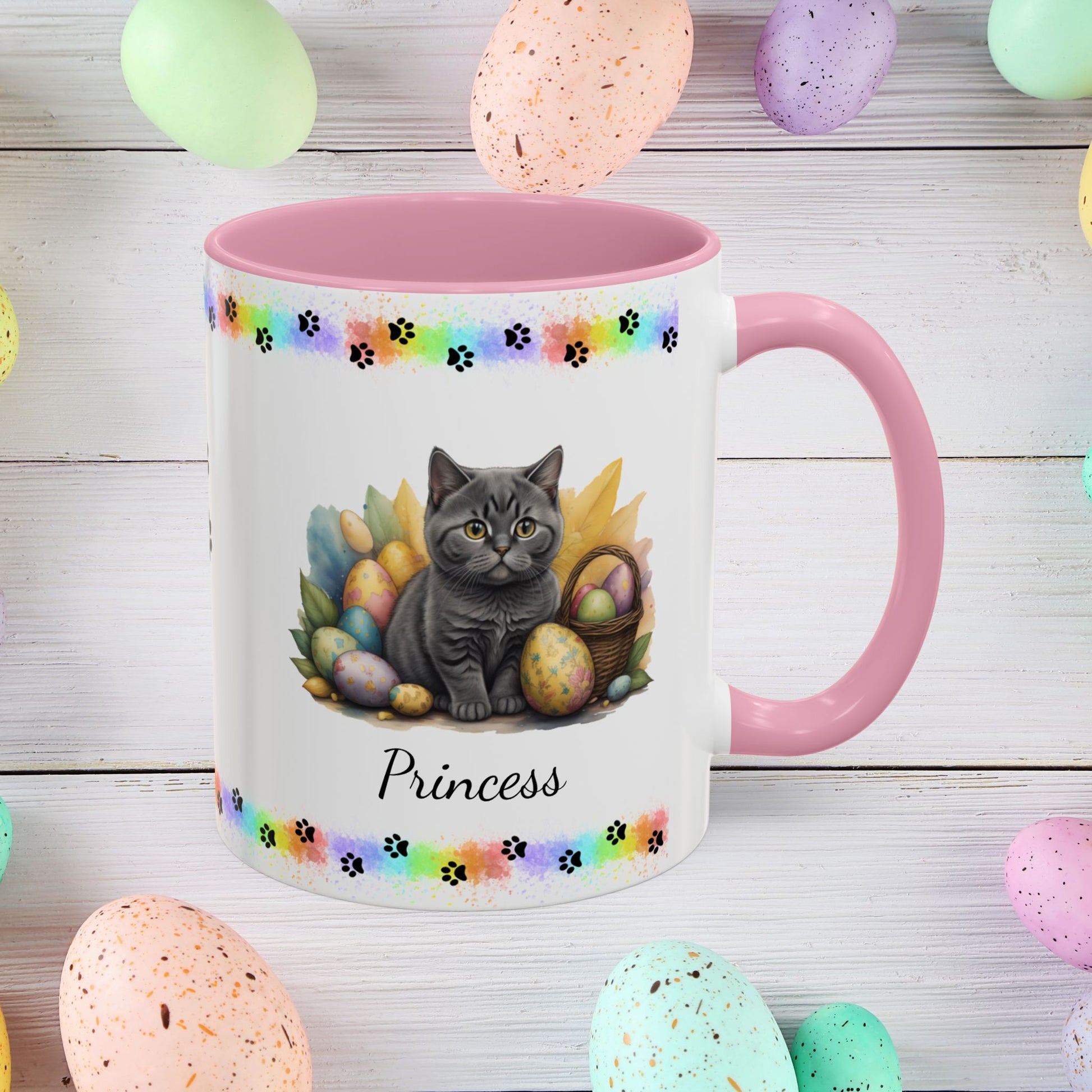 British Shorthair: Personalized Easter Kitten Coffee Mug - Adorable Cat Design, Mental Health Gift, 11oz & 15oz, 12 Color Choices, Easter Gifts & Décor