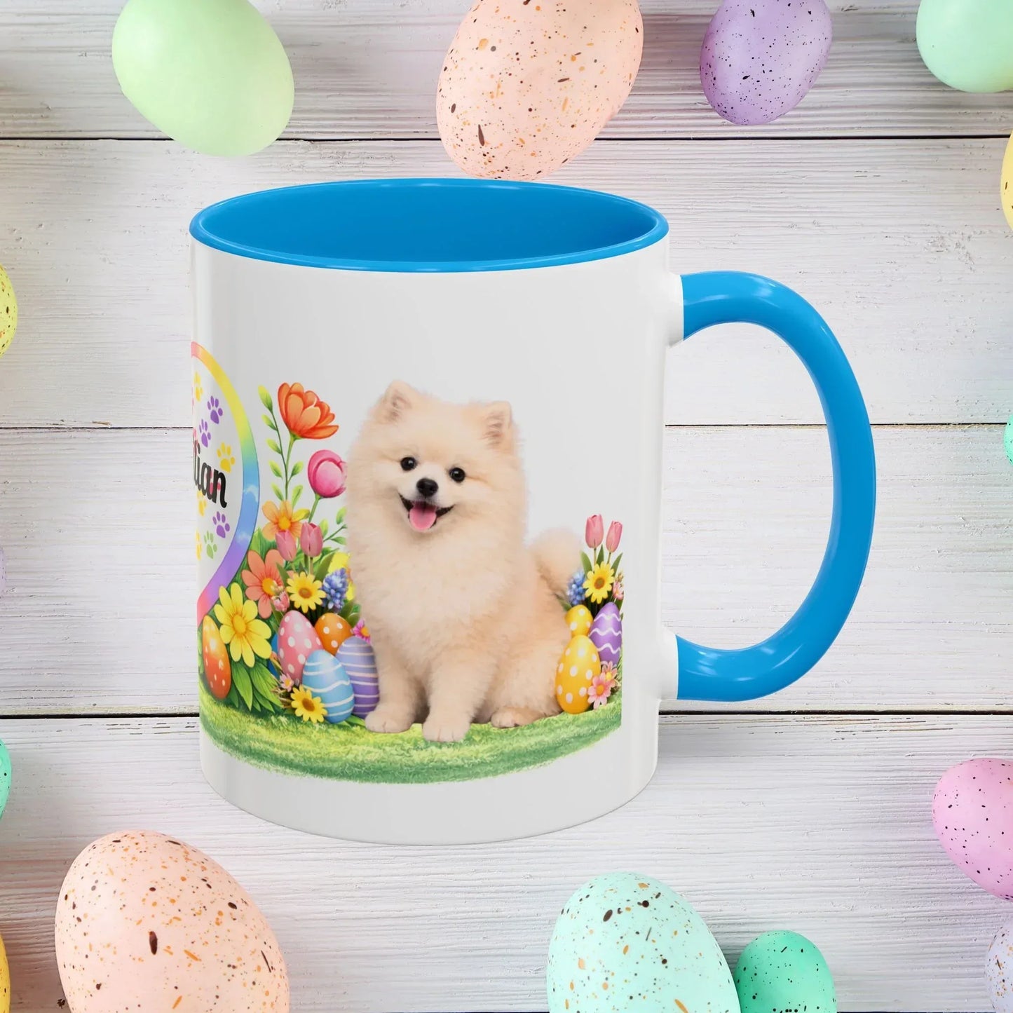 Shop our pomeranian cream puppy easter mug featuring the 11oz style option from MySisterIsASurvivor.