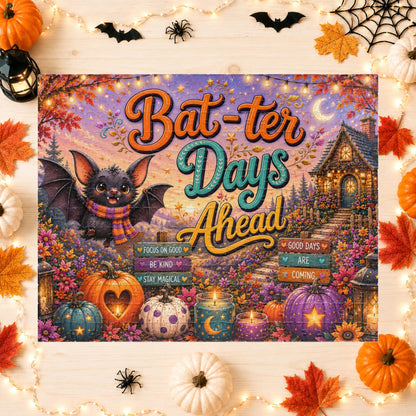 Bat-ter Days Ahead Halloween puzzle featuring cheerful bat artwork, heart pumpkins, and a cozy cottage scene