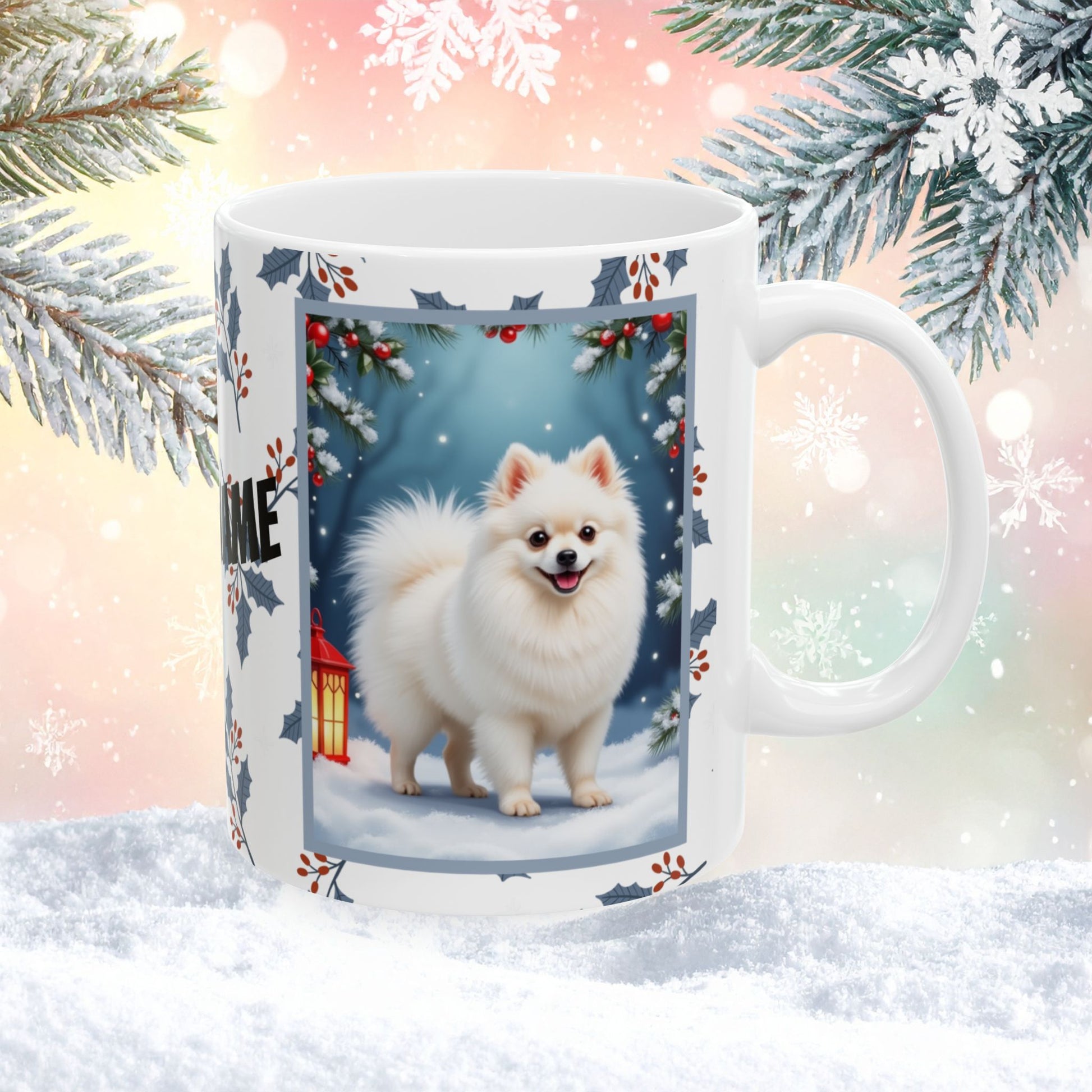 Pomeranian (White) Winter Mug - white pomeranian illustrated standing in a winter scene with soft snow