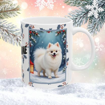 Pomeranian (White) Winter Mug - white pomeranian illustrated standing in a winter scene with soft snow