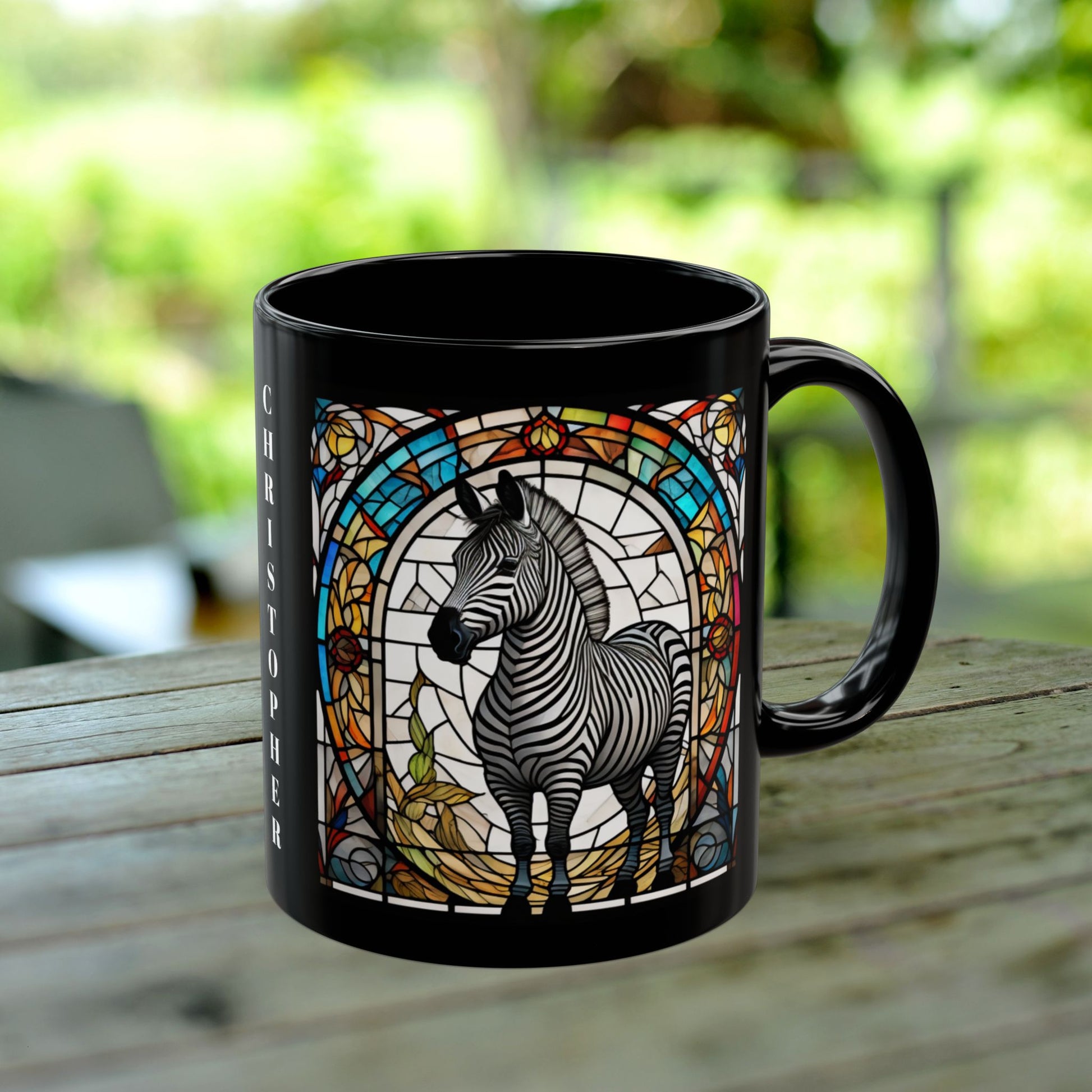 Zebra personalized mug with stained glass zoo animal design, black ceramic wildlife coffee cup.
