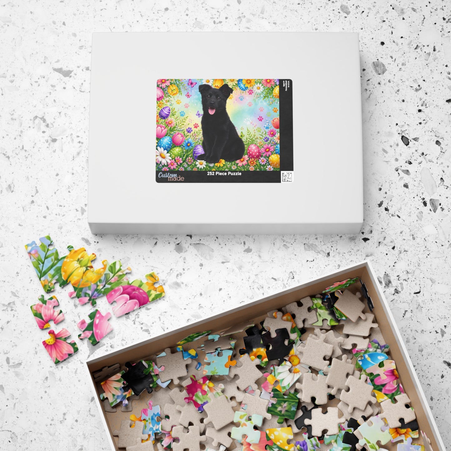 German Shepherd (Black) Easter Puppy Puzzle - Bold Spring Garden with Eggs and Blooms