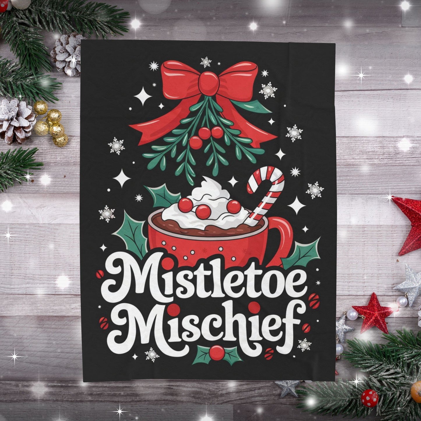 Holiday blanket “Mistletoe Mischief” cute Christmas throw with festive winter design for cozy fun
