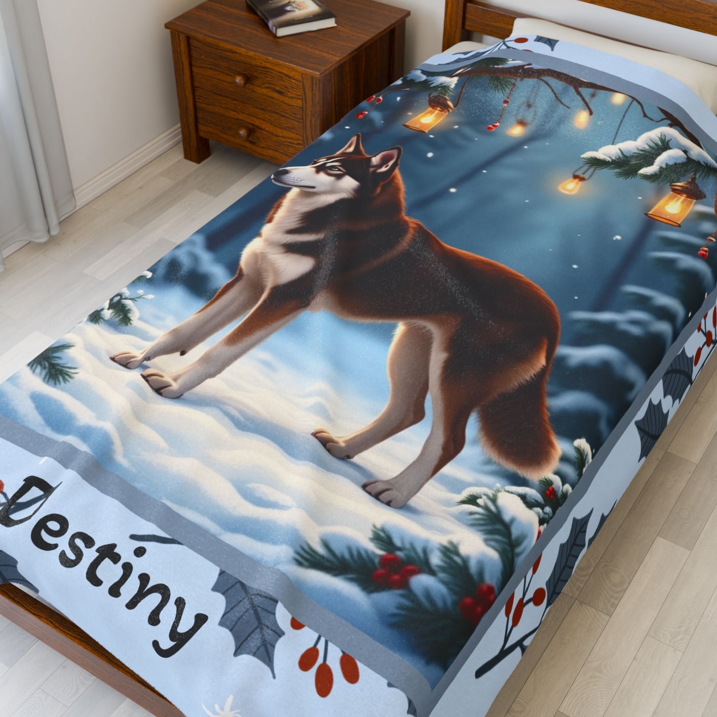Husky Chocolate Red personalized winter throw with warm-toned Husky art in a cozy snowy lodge illustration