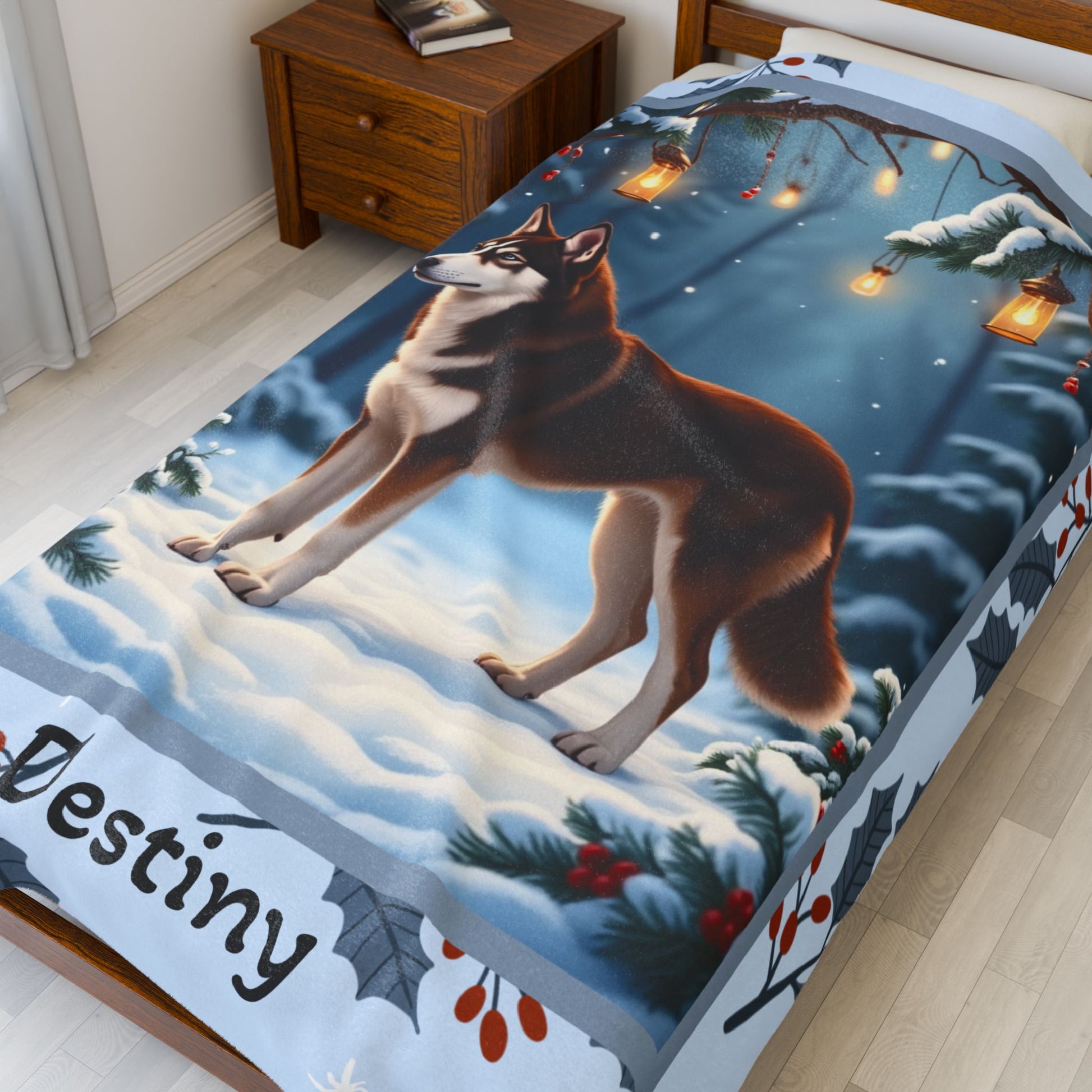 Husky Chocolate Red personalized winter throw with warm-toned Husky art in a cozy snowy lodge illustration
