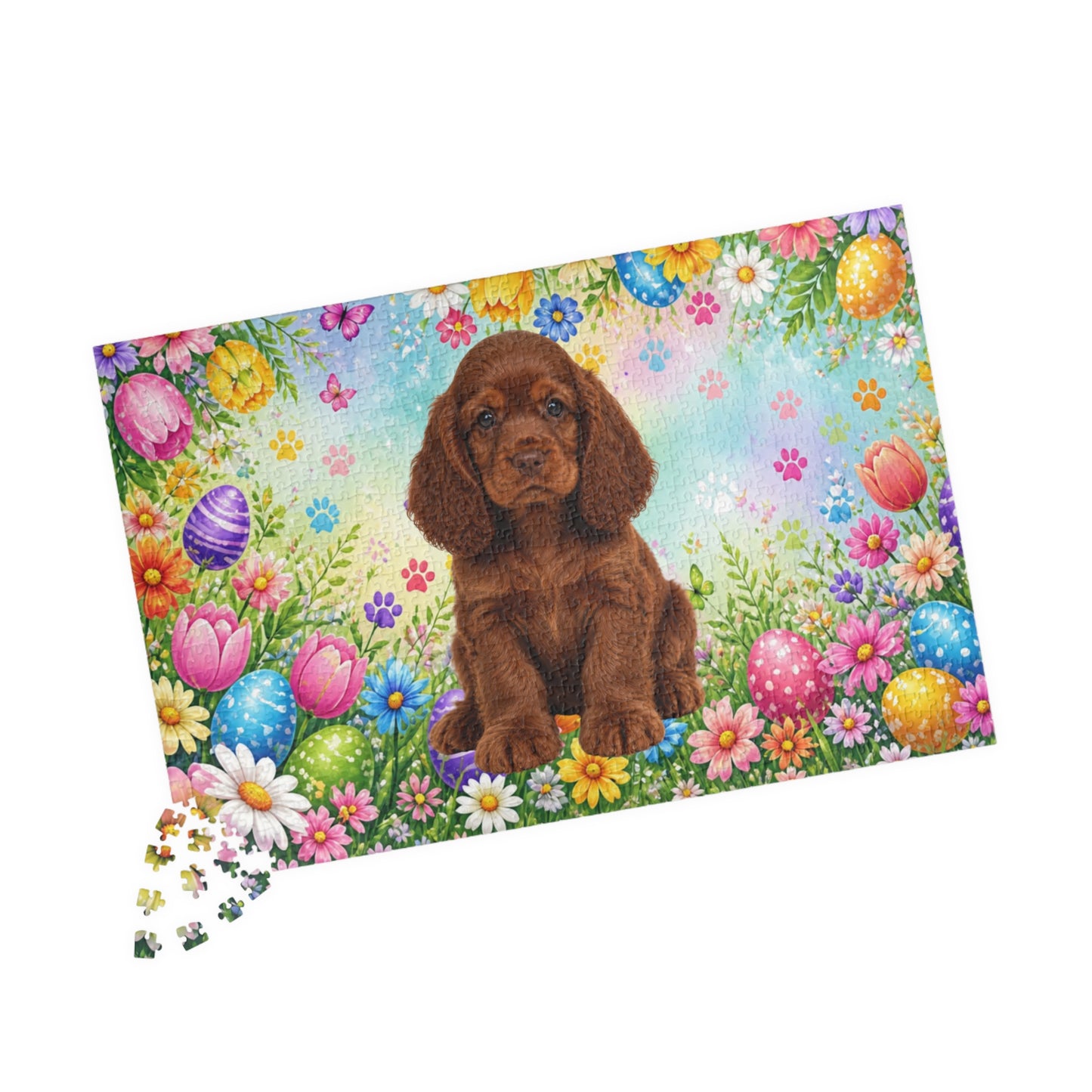 American Cocker Spaniel (Liver) Easter Puppy Puzzle - Spring Garden with Eggs, Tulips, and Daisies