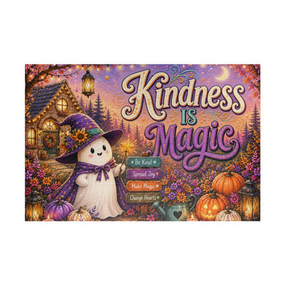 Kindness Is Magic Halloween Puzzle - Witch Ghost with Magic Wand, Purple Pumpkins, and Wildflowers