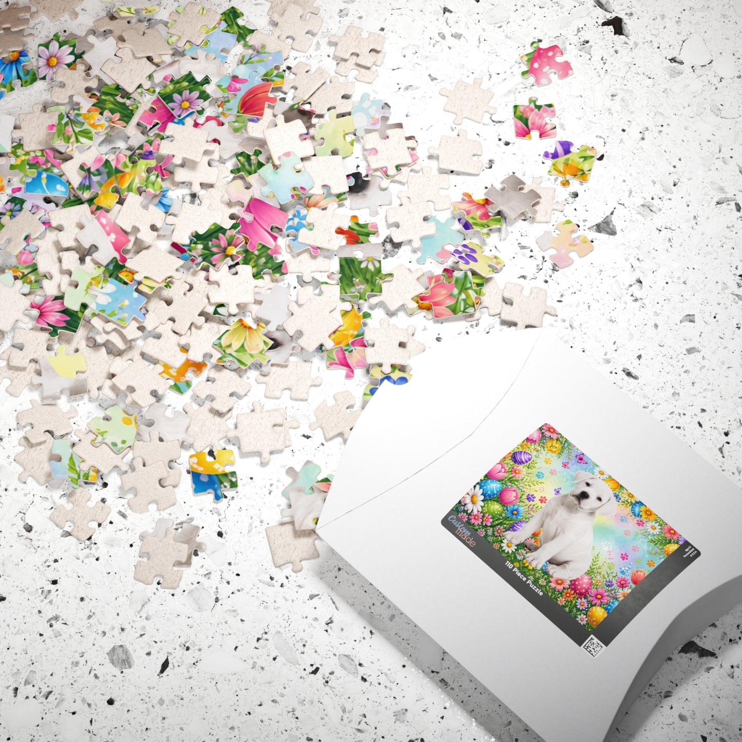 Rottweiler (White) Easter Puppy Puzzle - Spring Garden with Eggs, Tulips, and Butterflies