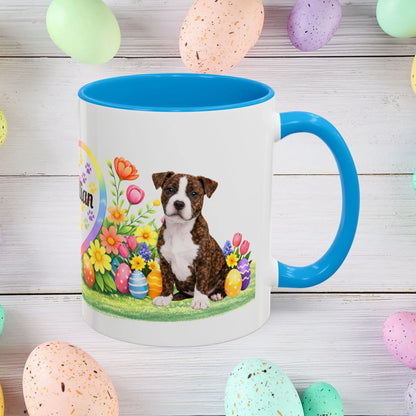 Shop our pitbull brindle white puppy easter mug featuring the 11oz style option from MySisterIsASurvivor.