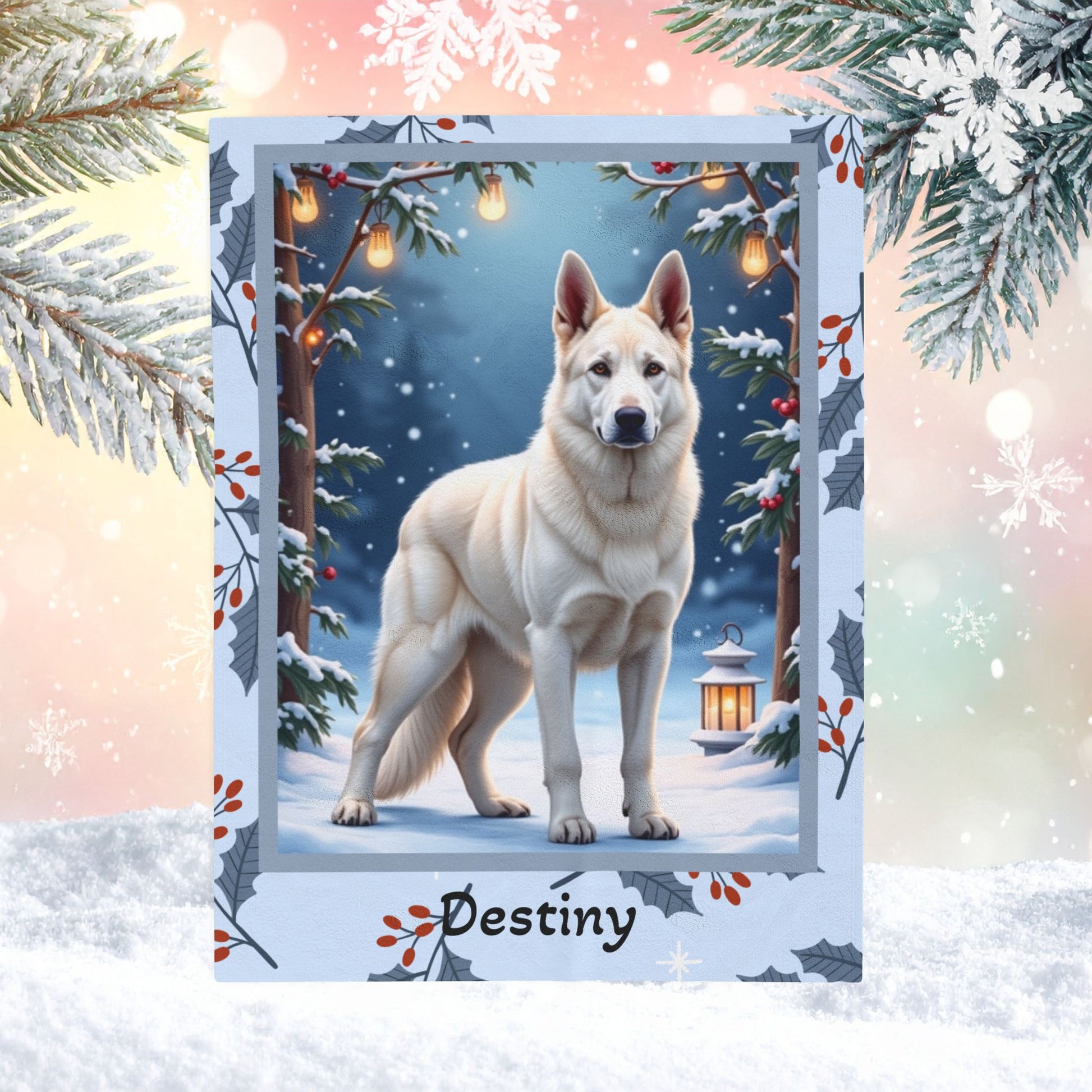 German Shepherd White personalized winter throw featuring a white German Shepherd in a bright lodge winter setting