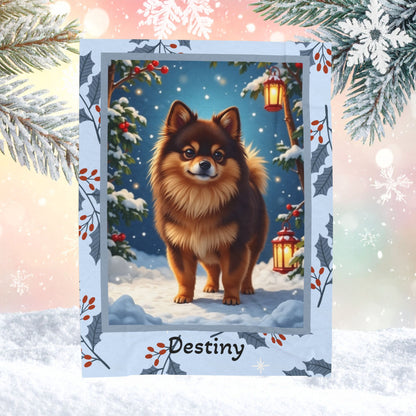 Pomeranian Chocolate and Tan personalized winter throw with fluffy Pom art in a glowing snowy lodge background
