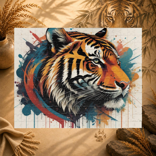 Focused Journey - Street Art Tiger Jigsaw Puzzle with Paint Splatters and Drip Effects