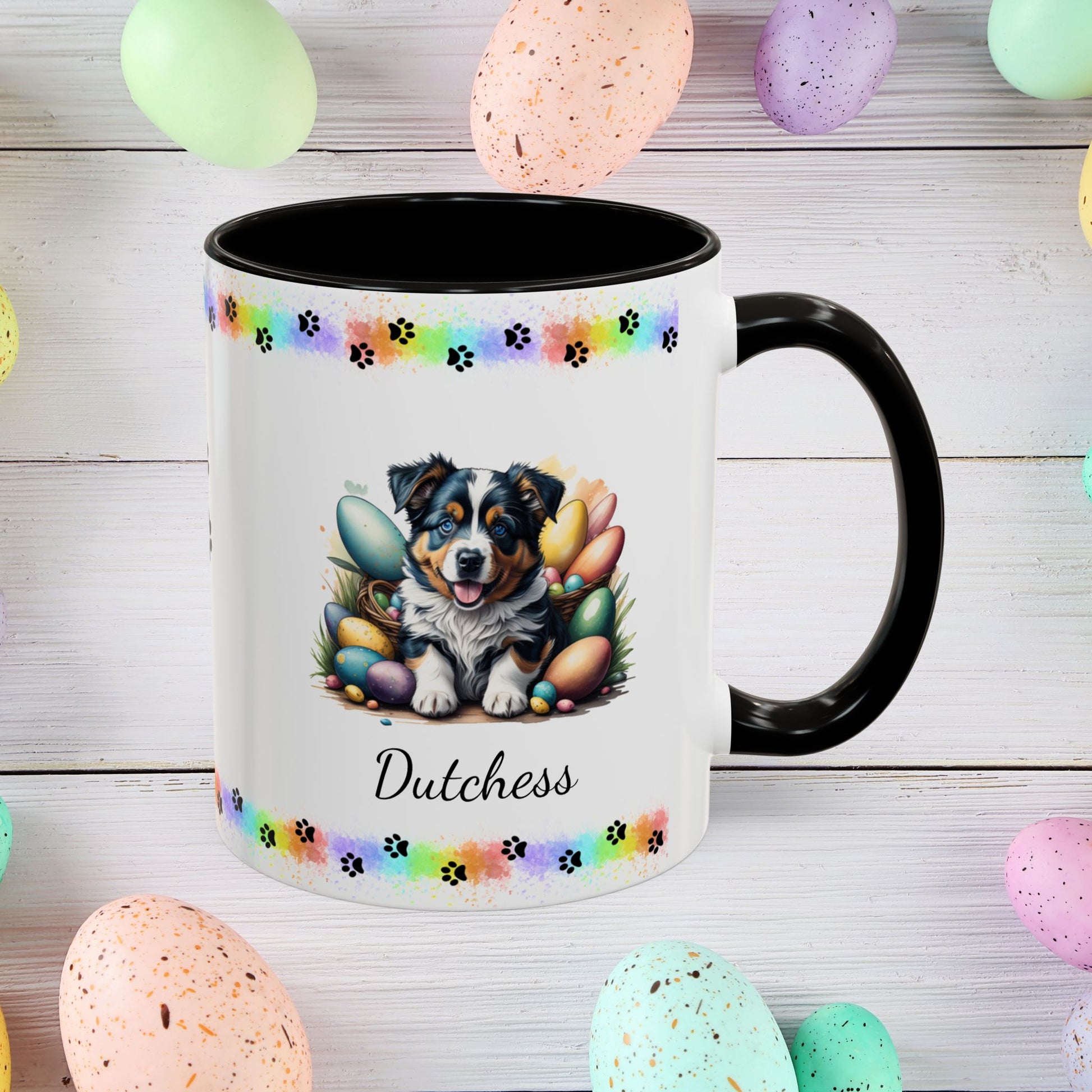 Australian Shepherd: Personalized Easter Puppy Coffee Mug - Adorable Dog Design, Mental Health Gift, 11oz & 15oz, 12 Color Choices, Easter Gifts & Décor