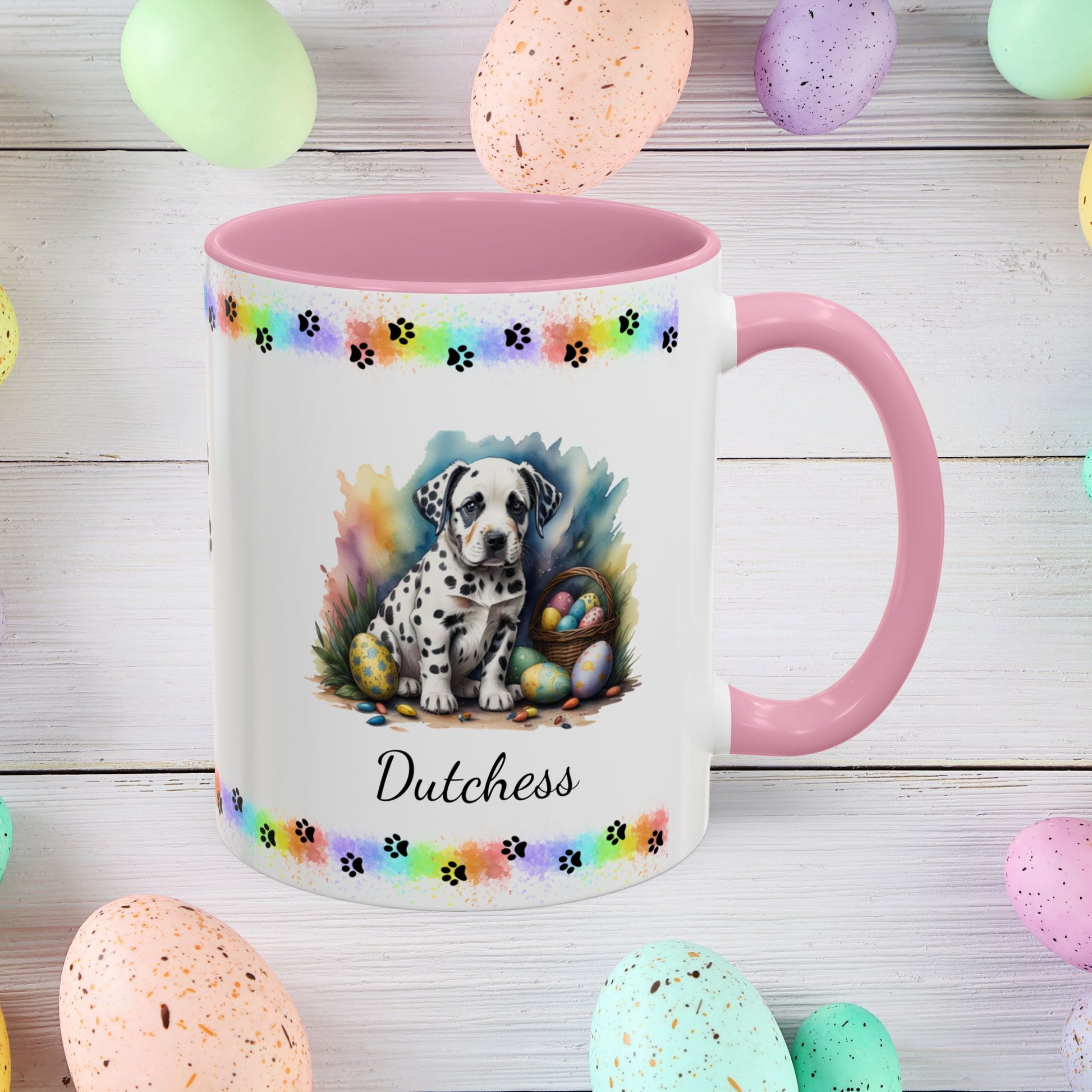 Dalmatian: Personalized Easter Puppy Coffee Mug - Adorable Dog Design, Mental Health Gift, 11oz & 15oz, 12 Color Choices, Easter Gifts & Décor