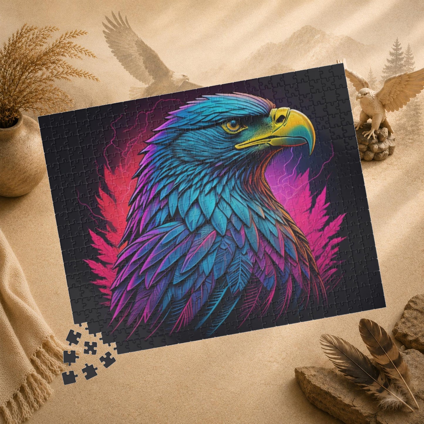 Triumphant Talons - Blacklight Neon Eagle Head Puzzle with Teal and Purple Feathers on Deep Black