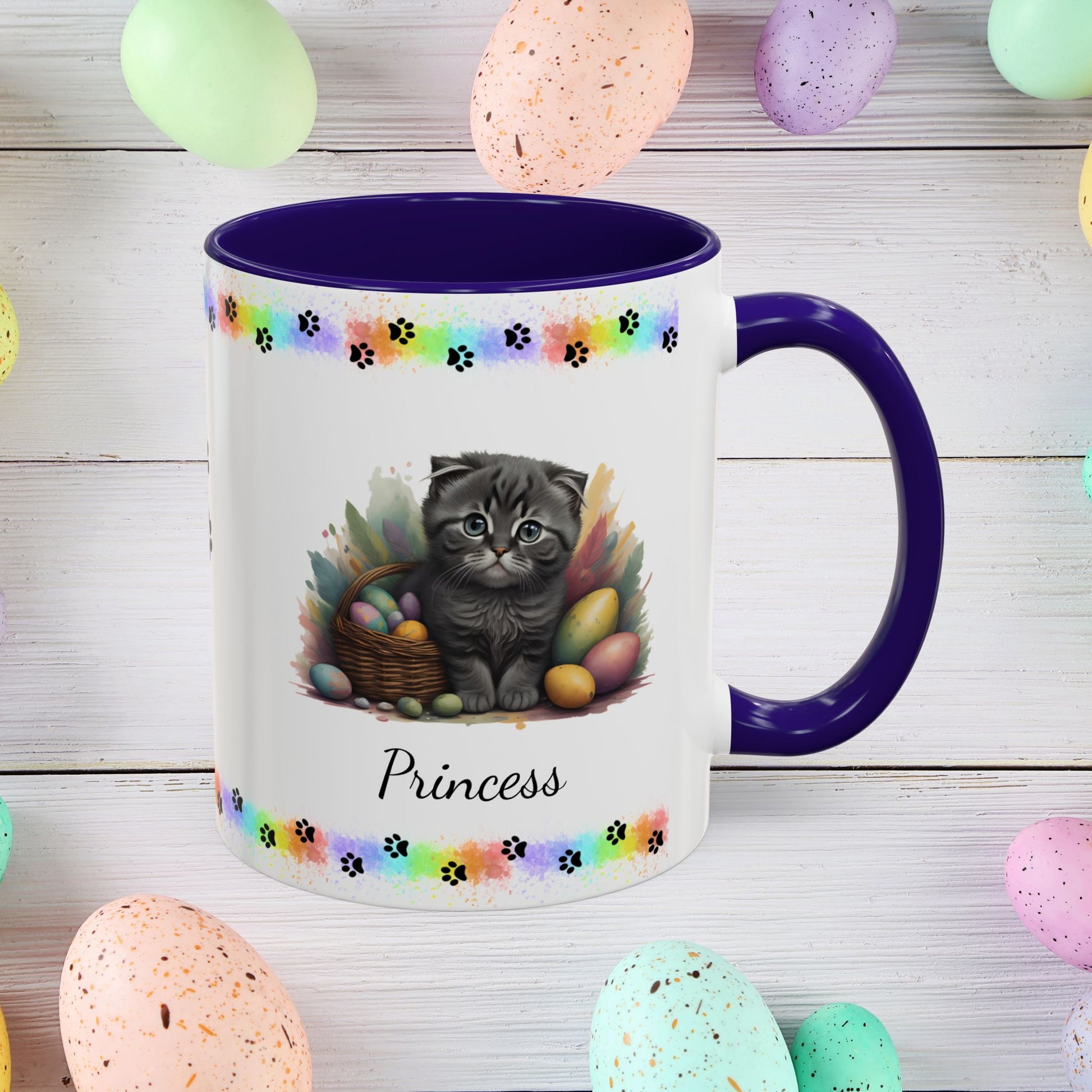 Scottish Fold: Personalized Easter Kitten Coffee Mug - Adorable Cat Design, Mental Health Gift, 11oz & 15oz, 12 Color Choices, Easter Gifts & Décor
