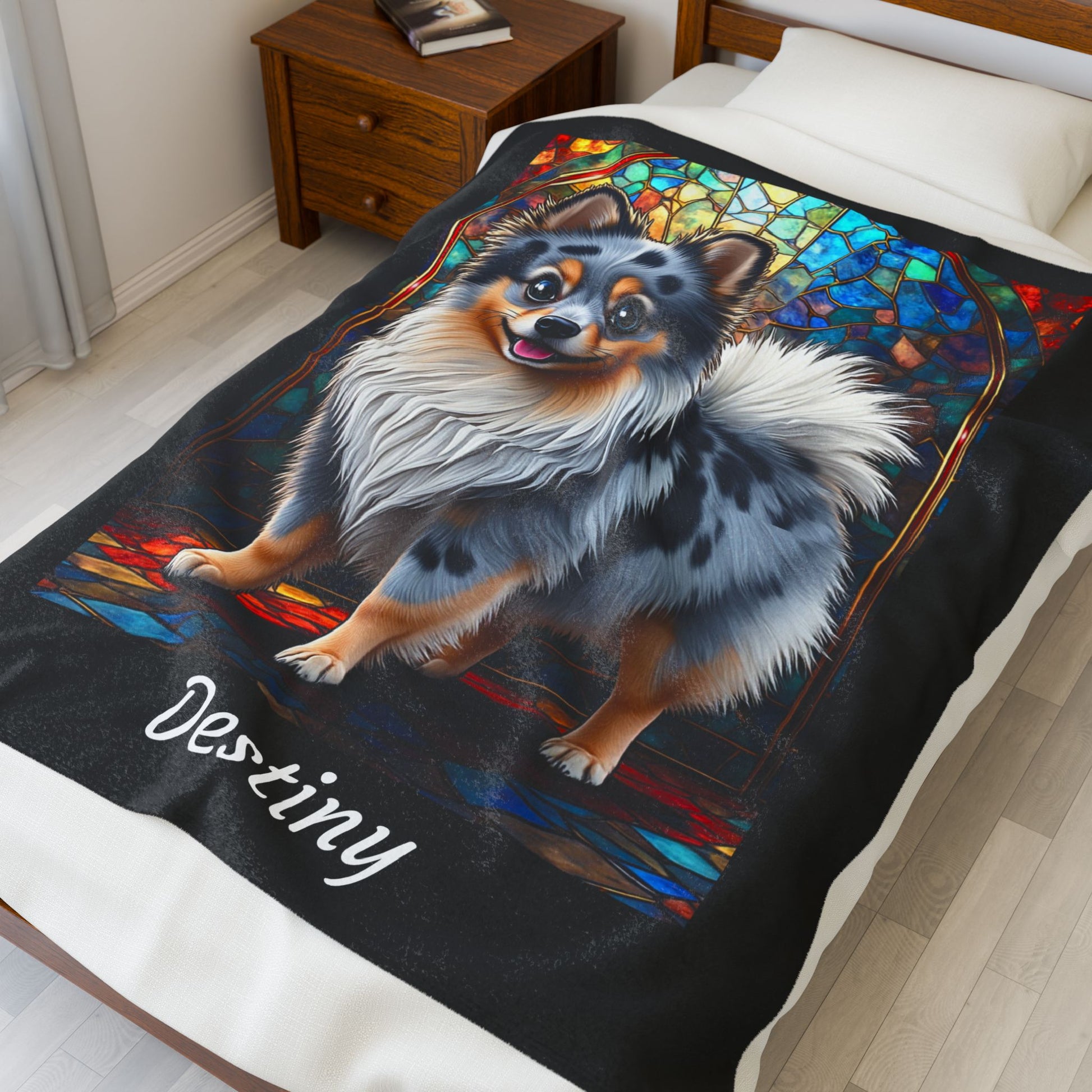 Pomeranian Blue Merle Coat Blanket, Velveteen Plush Stained Glass Dog Throw, Unique Pet Lover Gift