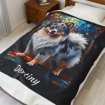 Pomeranian Blue Merle Coat Blanket, Velveteen Plush Stained Glass Dog Throw, Unique Pet Lover Gift