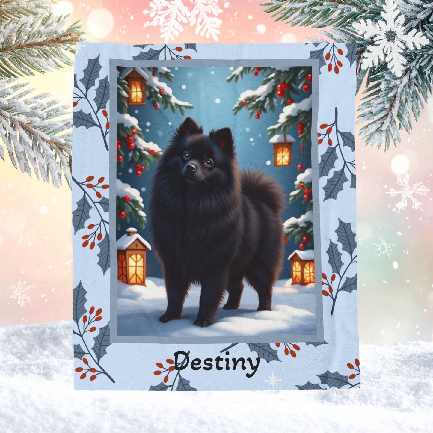 Pomeranian Black personalized winter throw with fluffy black Pom artwork in a bright snowy lodge scene
