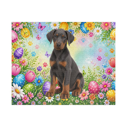 Doberman (Blue & Rust) Easter Puppy Puzzle - Spring Garden with Eggs, Tulips, and Daisies
