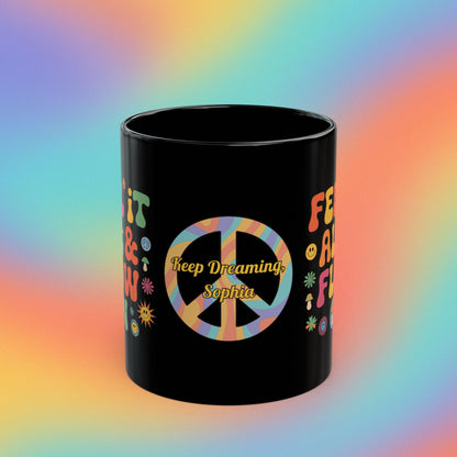 Feel It All & Flow On personalized mug, retro 70s mental wellness coffee cup gift - MySisterIsASurvivor