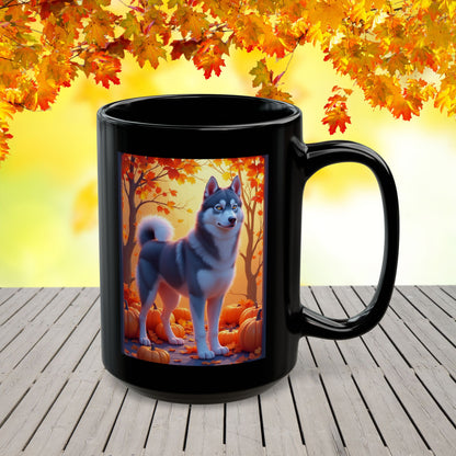 Dark Grey Siberian Husky (Amber Eyes) autumn coffee mug, personalized gift for Husky lovers this fall
