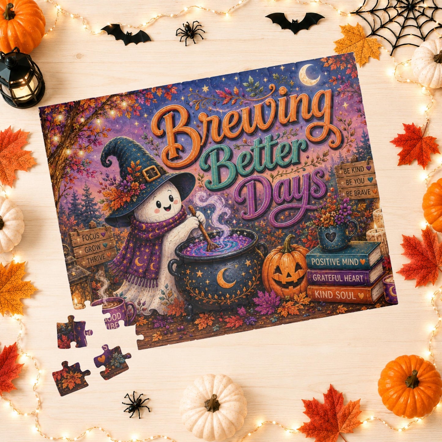 Brewing Better Days Halloween Puzzle - Ghost Stirring Cauldron with Good Vibes Mug and Affirmation Books