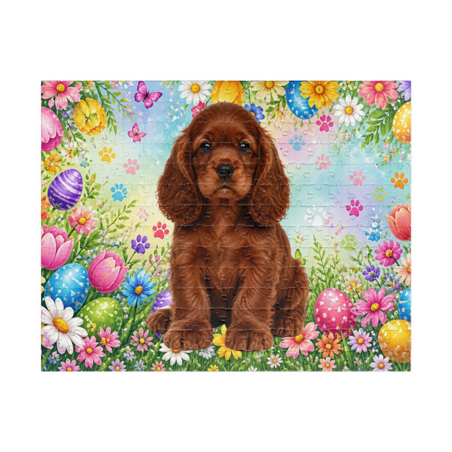 American Cocker Spaniel (Orange) Easter Puppy Puzzle - Spring Garden with Eggs, Tulips, and Daisies