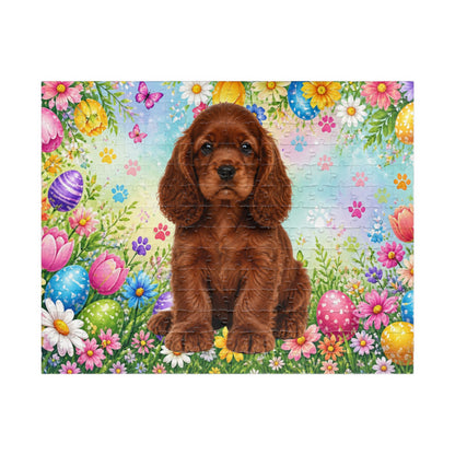 American Cocker Spaniel (Orange) Easter Puppy Puzzle - Spring Garden with Eggs, Tulips, and Daisies