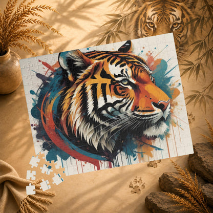 Focused Journey - Street Art Tiger Jigsaw Puzzle with Paint Splatters and Drip Effects