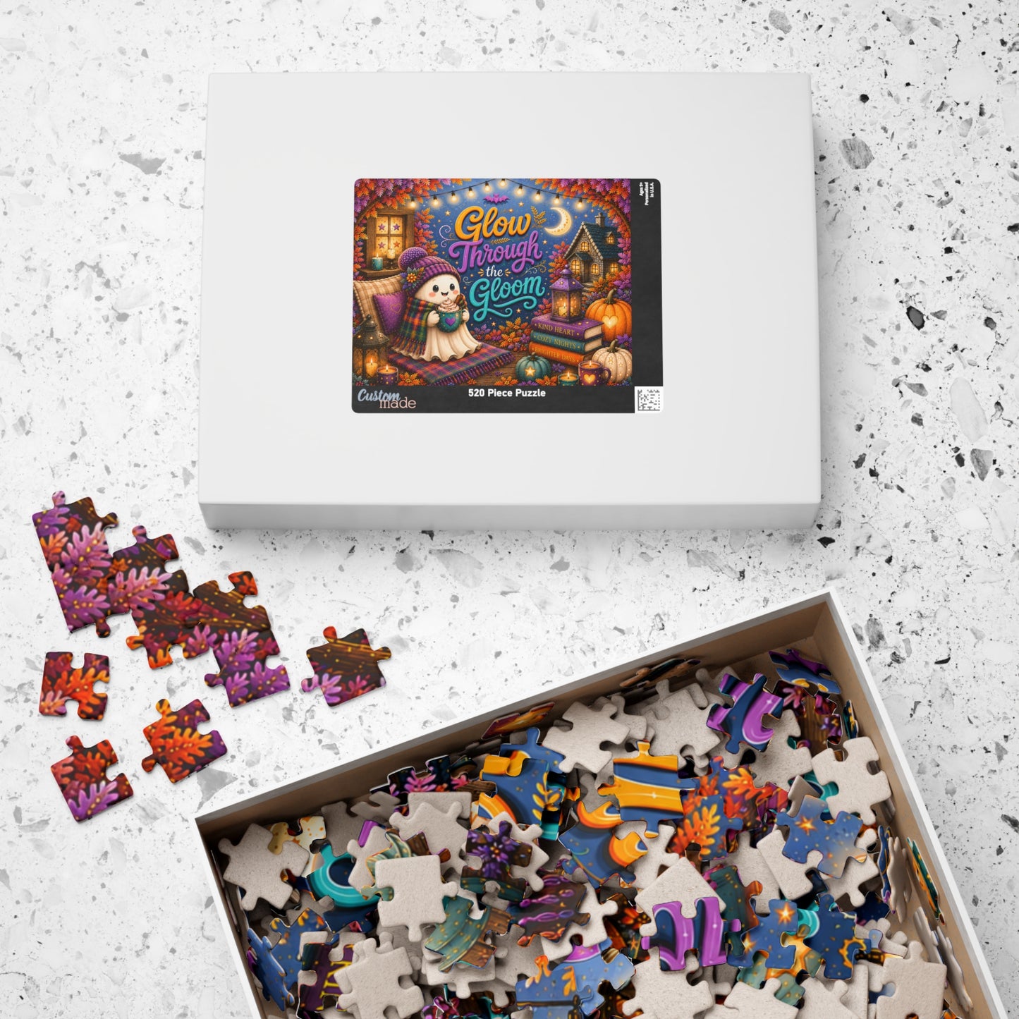 Glow Through the Gloom Halloween Puzzle - Cozy Ghost with Heart Mug, Kind Heart Books, and Cottage