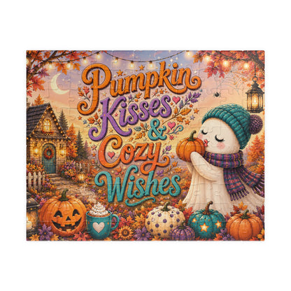 A square decorative puzzle or print featuring an autumn Halloween scene with the words “Pumpkin Kisses & Cozy Wishes.” A smiling ghost in a teal knit hat and scarf hugs a small pumpkin beside a cozy house, jack-o'-lanterns, string lights, flowers, and a mug of hot cocoa.