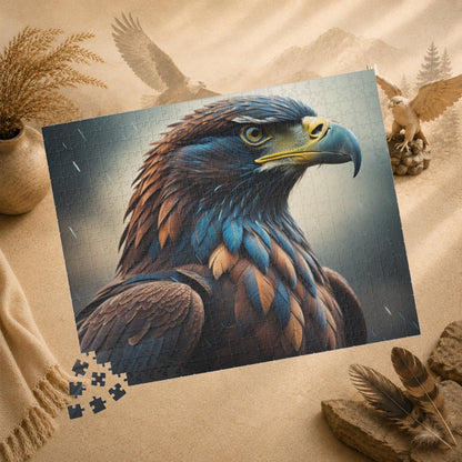 Talon Resilience - Brooding Eagle Portrait Puzzle with Dark Blue Feathers on Stormy Rainy Background