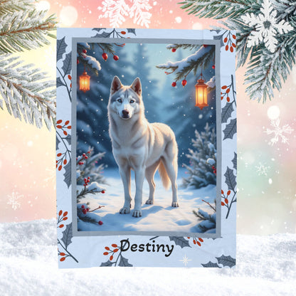 Husky Silver personalized winter throw with silver Husky artwork and glowing snowy lodge décor