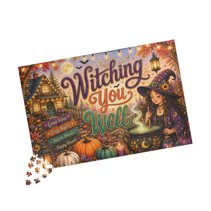 Witching You Well Halloween Puzzle - Witch Stirring Cauldron with Pumpkins, Full Moon, and Cottage