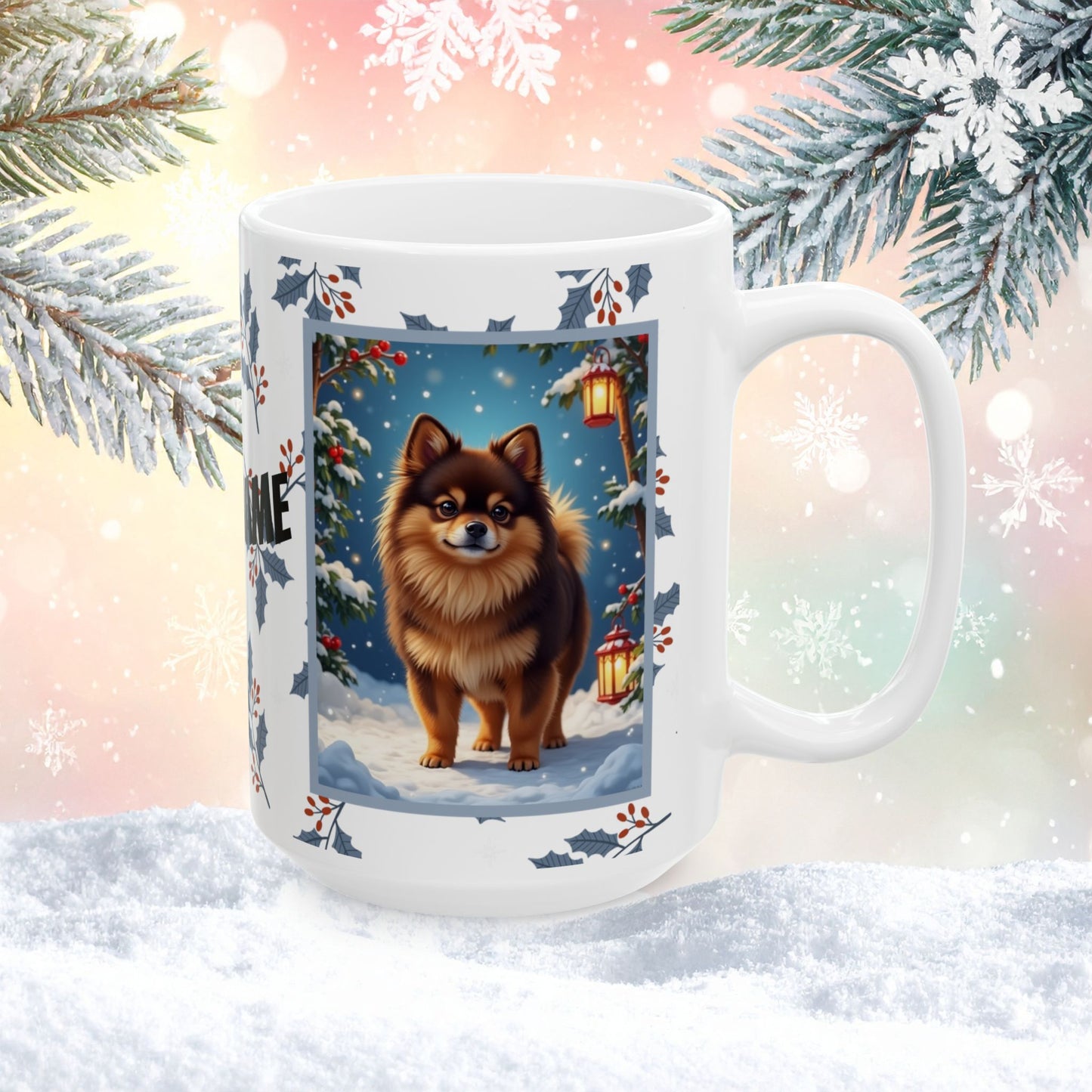 Pomeranian (Chocolate & Tan) Winter Mug - chocolate and tan pomeranian artwork standing in a winter setting