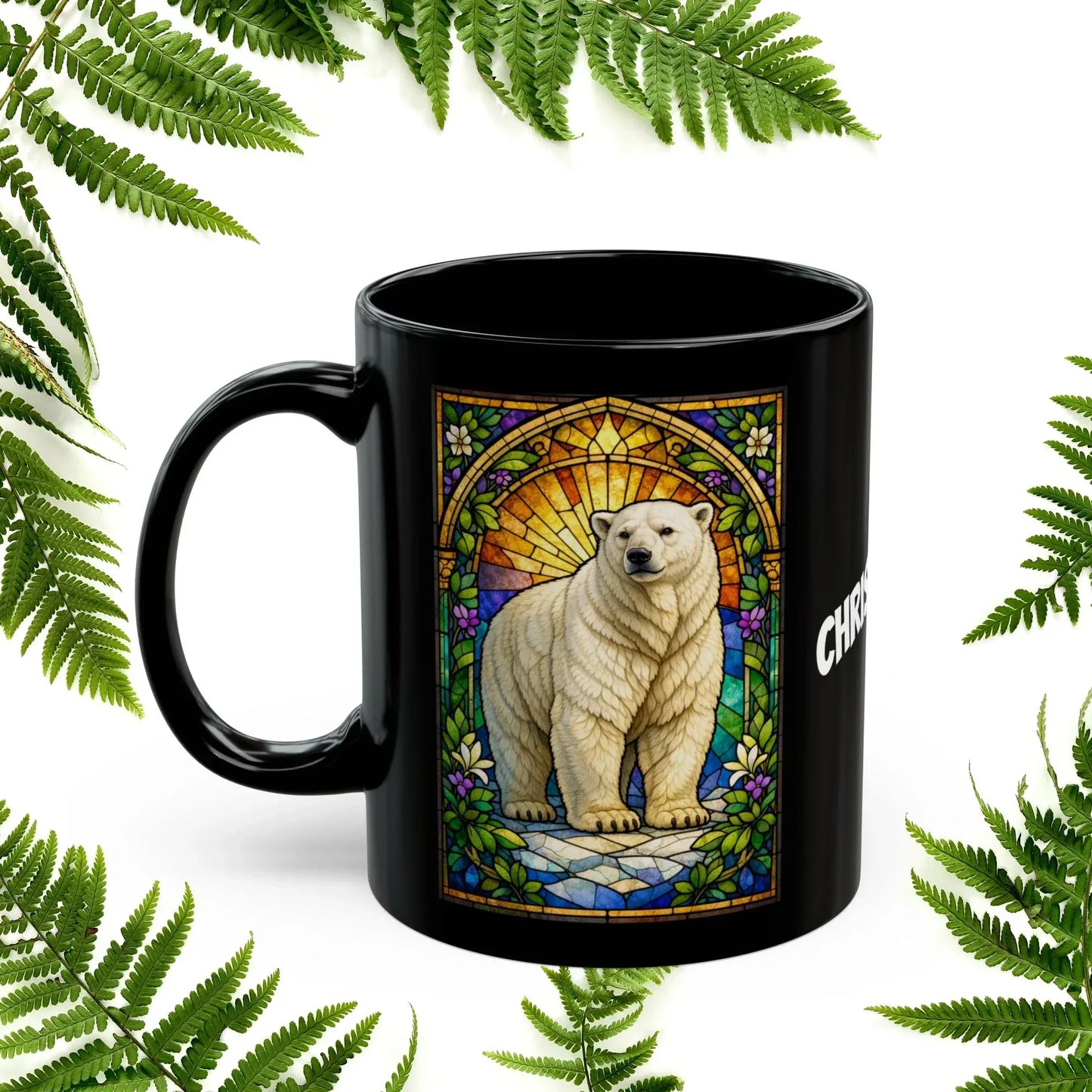 Shop our premium polar bear stained glass style black mug from MySisterIsASurvivor.