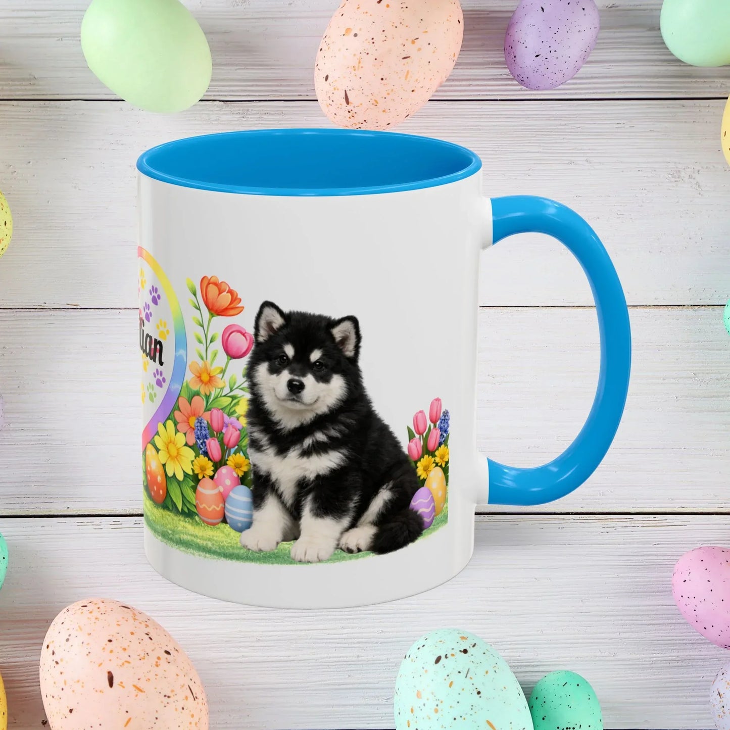 Shop our alaskan malamute black white puppy easter mug featuring the 11oz style option from MySisterIsASurvivor.