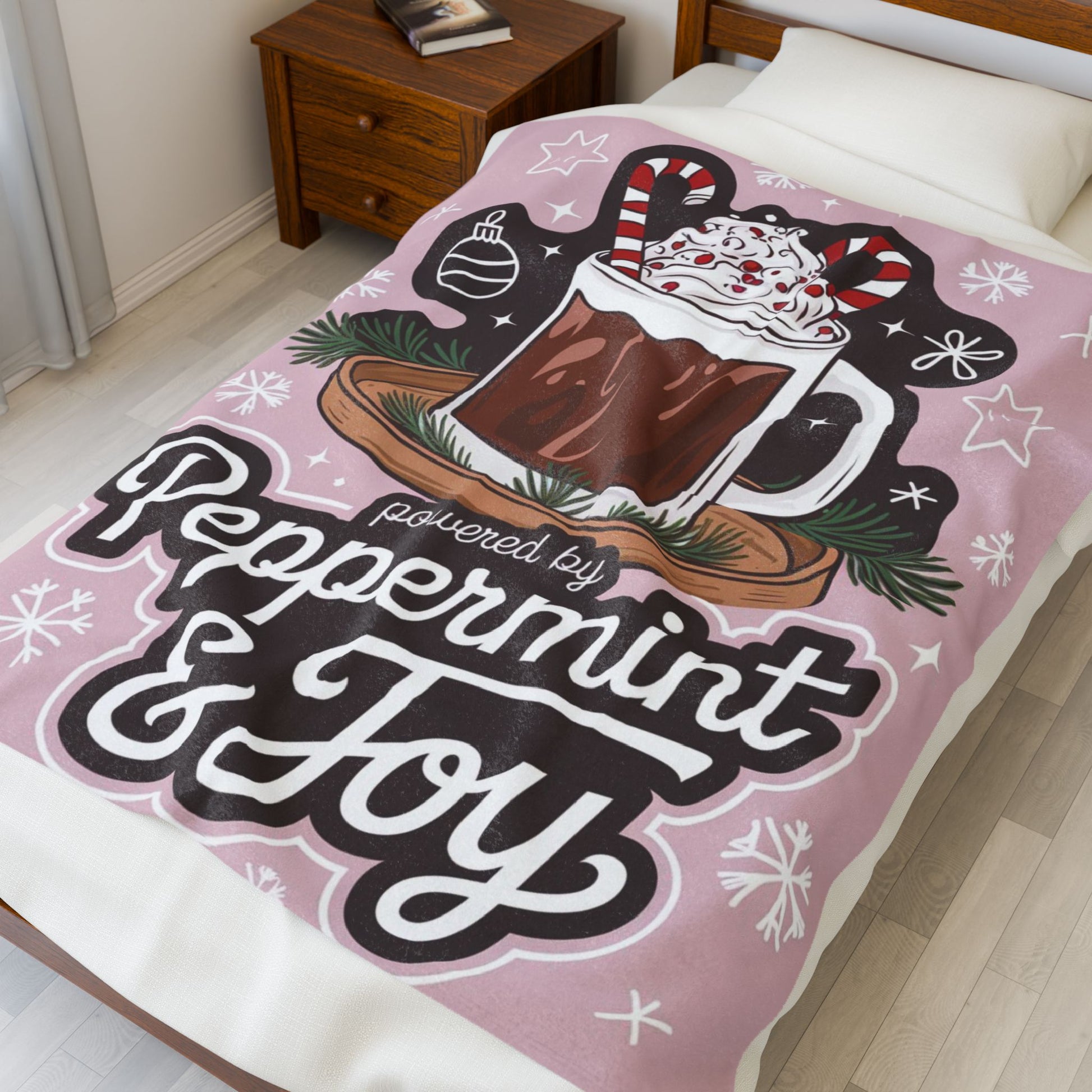Christmas blanket “Powered by Peppermint & Joy” cozy holiday throw for festive relaxation and fun