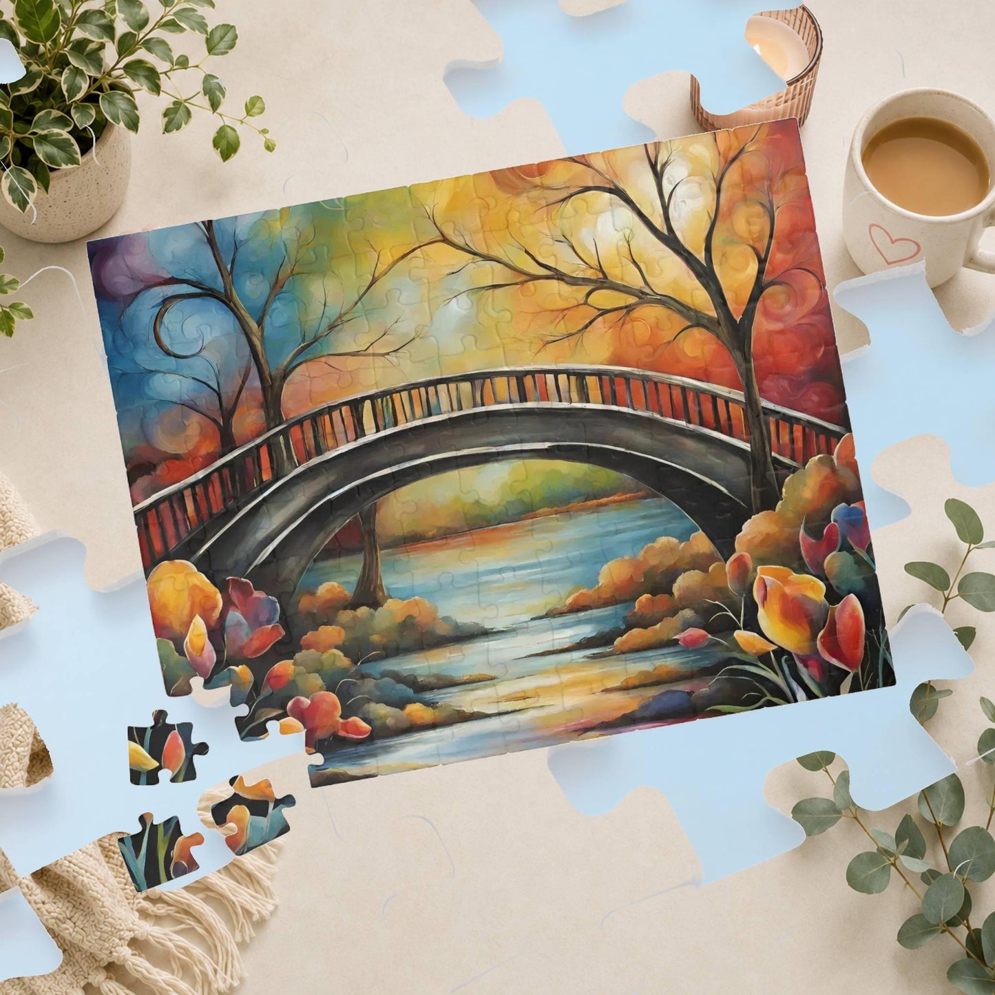 Bridge to Wellbeing - Oil Painting Style Arched Bridge Puzzle with Vivid Autumn Foliage and River