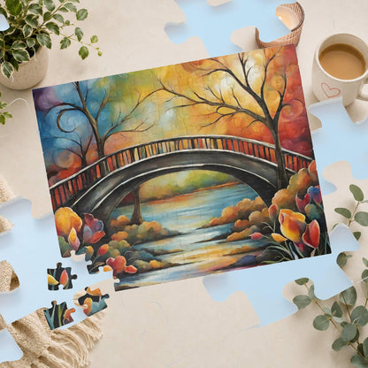 Bridge to Wellbeing - Oil Painting Style Arched Bridge Puzzle with Vivid Autumn Foliage and River