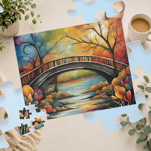 Bridge to Wellbeing - Oil Painting Style Arched Bridge Puzzle with Vivid Autumn Foliage and River