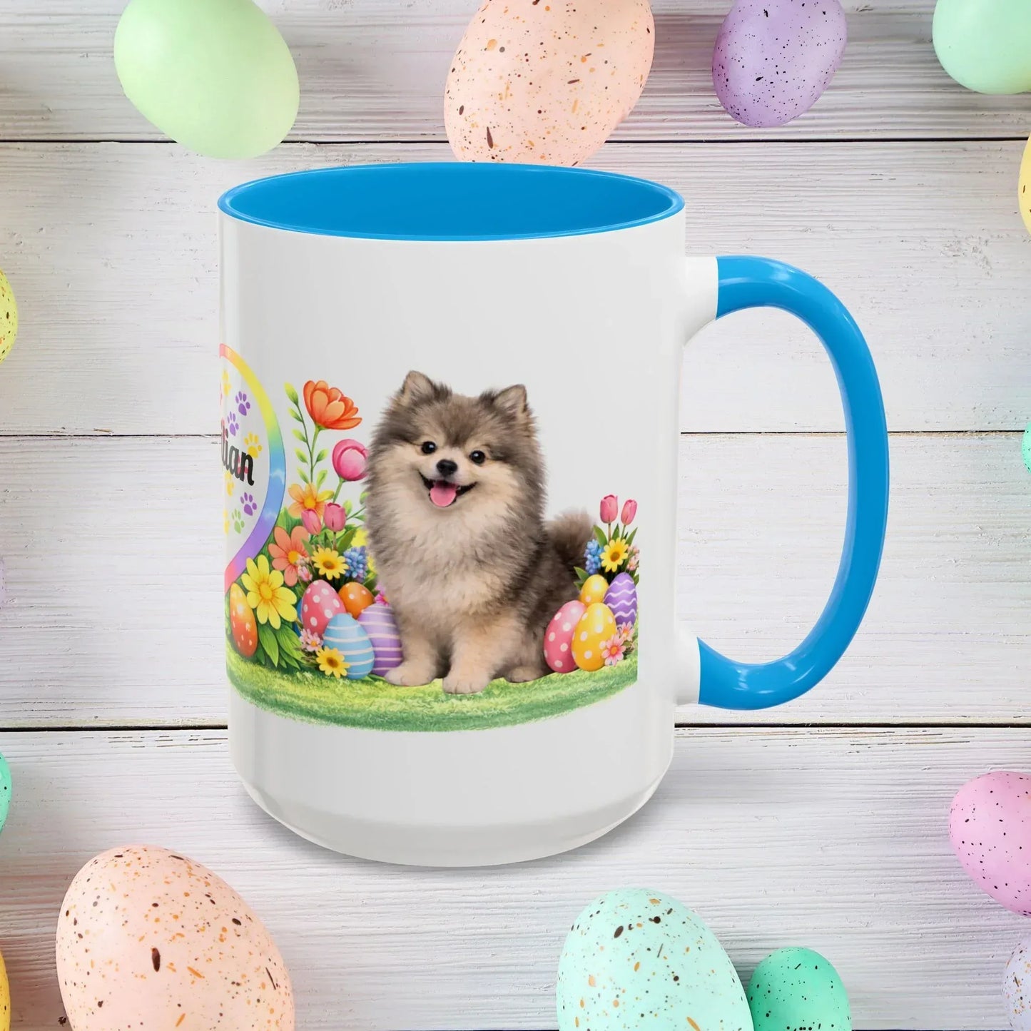 Shop our pomeranian wolf sable puppy easter mug featuring the 15oz style option from MySisterIsASurvivor.