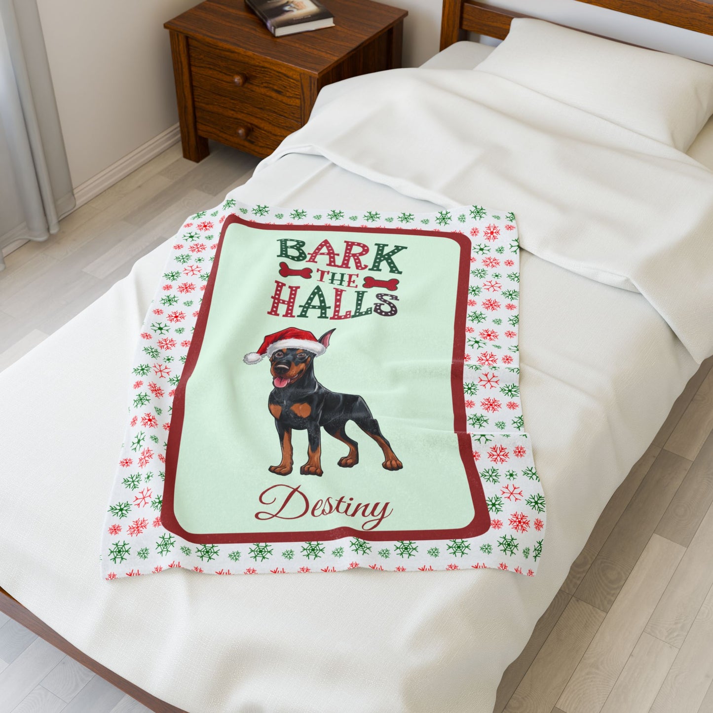 Doberman Pinscher (Black & Rust) Velveteen Blanket - cozy holiday dog throw, personalized gift for Doberman lovers
